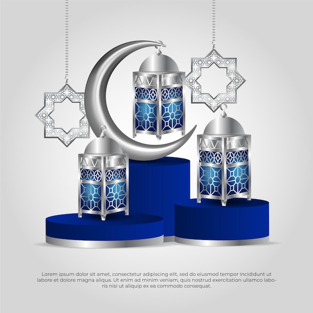 Eid al adha mubarak beautiful islamic 3d blue moon lamp and mandala vector design