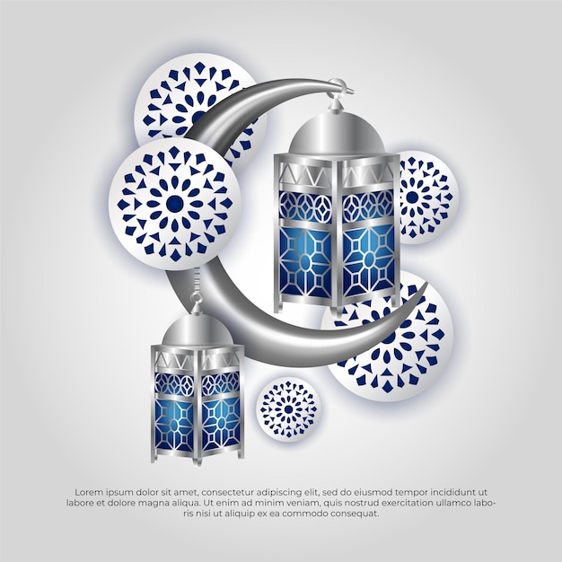 Ид аль-адха мубарак красивая исламская 3d мандала голубой луны и векторный дизайн лампы