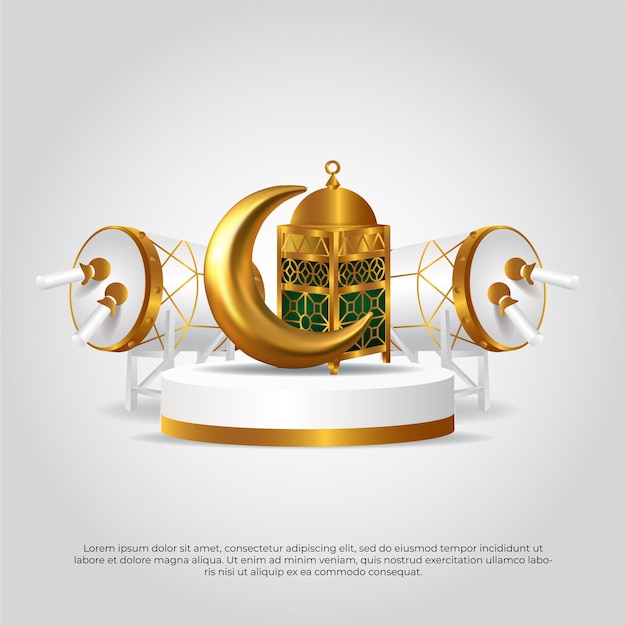 Eid al adha mubarak beautiful islamic 3d golden and green moon drum and lamp vector design