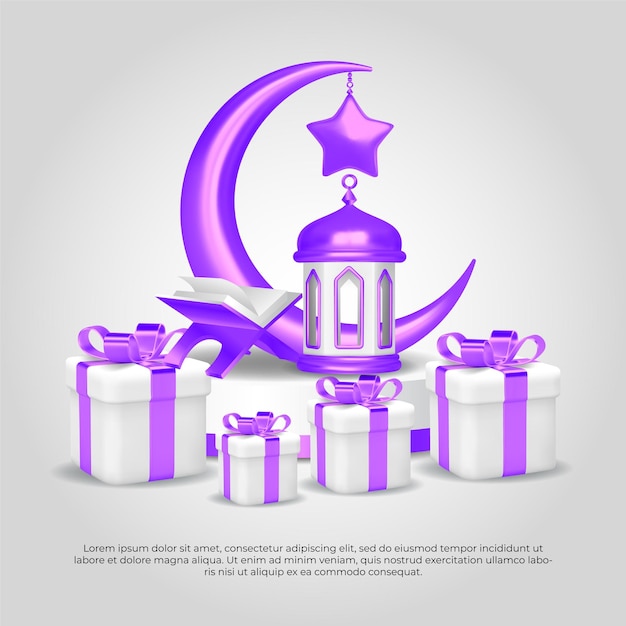 Vettore eid al adha mubarak bellissimo 3d islamico quran luna regalo stella e lampada disegno vettoriale