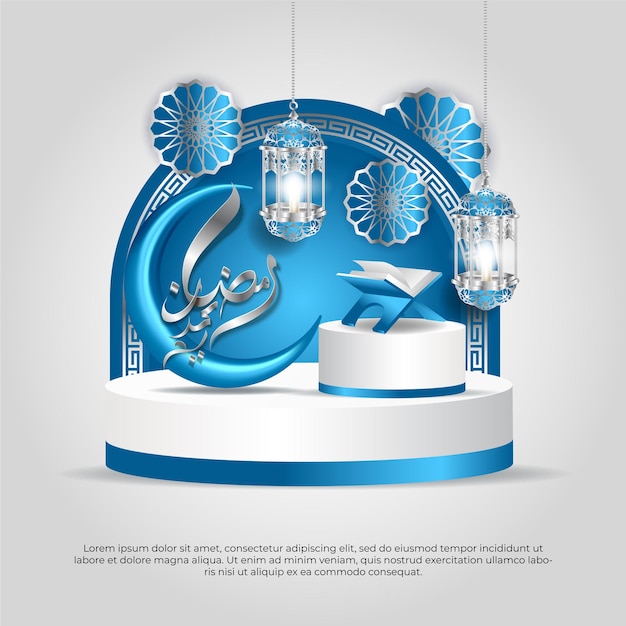 Eid al adha mubarak 아름다운 이슬람 파란색 3d 달 만다라 꾸란 및 램프 벡터 디자인