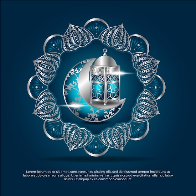 Eid al adha mubarak blauw en zilver islamitisch 3d maanlamp mandala vectorontwerp