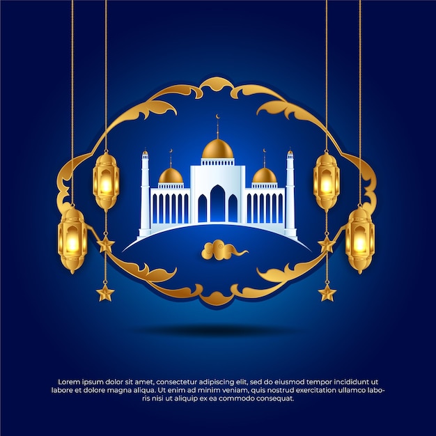 Eid al adha mubarak blauwe en gouden 3d moskee lamp ster islamitische vector achtergrond