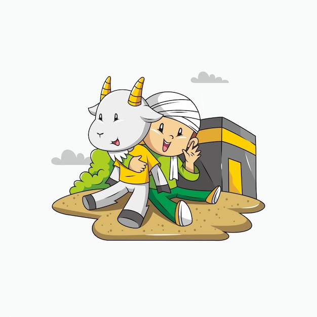 Eid al adha mubarak. boy, goat and mecca with illustration