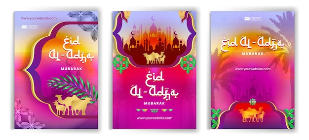 Eid al adha mubarak 축하 인사말 카드 디자인 컬렉션 활기찬 보라색 배경