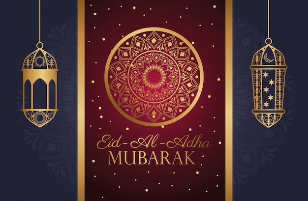 Eid Al Adha Mubarak celebration with golden mandala and lanterns