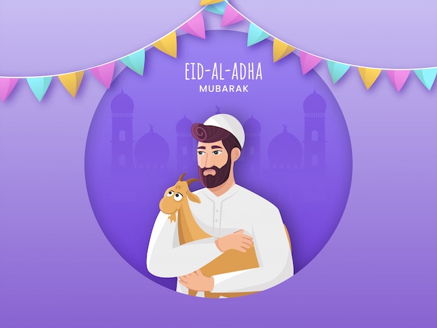 Eid-al-adha mubarak concept met moslim man met een geit op paarse papier gesneden cirkel vorm moskee achtergrond.