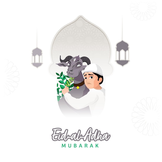 Eid-al-adha mubarak-concept met moslimjongen die gras voedt