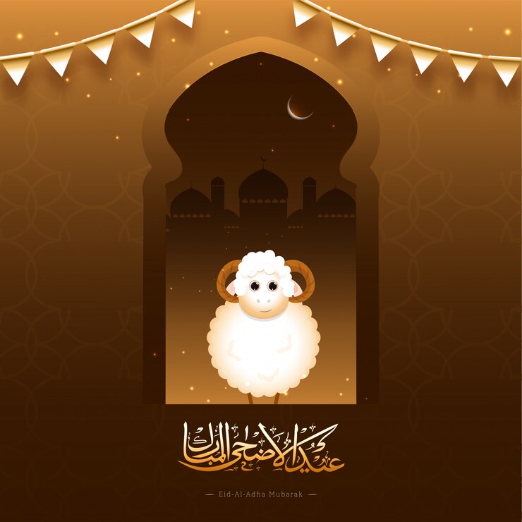 Eid-Al-Adha Mubarak Concept with Cartoon Sheep on Mosque Door, Crescent Moon and Lights Effect.