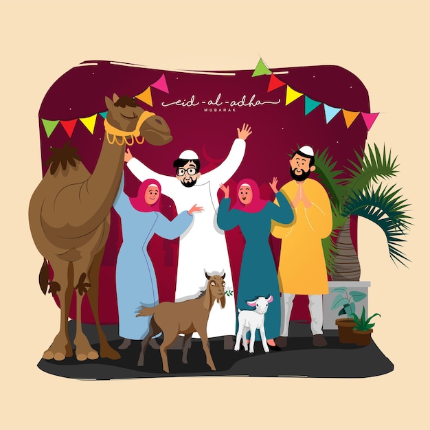 Eid-al-adha mubarak concept with cheerful muslim people character, goat and camel animal on maroon and beige background.