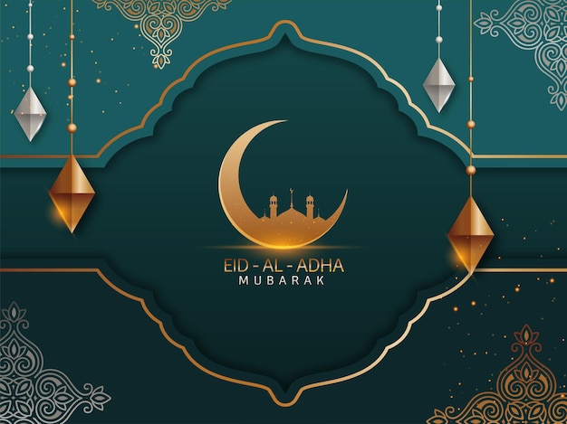 Concetto di eid-al-adha mubarak con luna crescente dorata