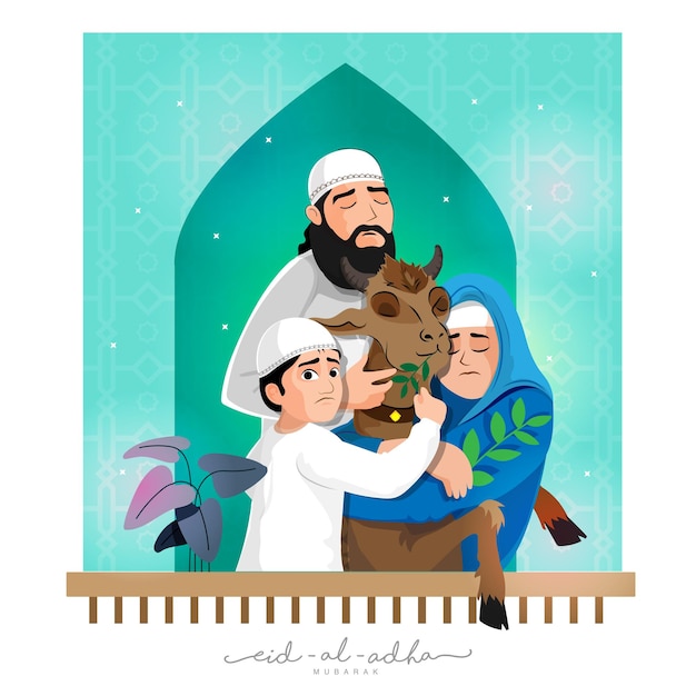 Eid-Al-Adha Mubarak Concept With Muslim Family Holding Goat