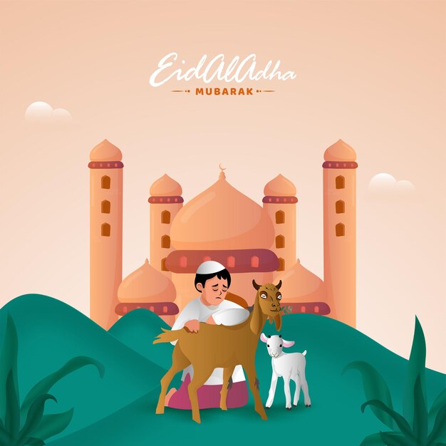 염소와 모스크 그림을 애무하는 이슬람 어린 소년과 Eid-Al-Adha Mubarak 개념