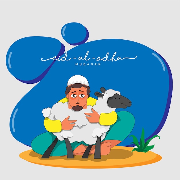 Concetto di eid-al-adha mubarak con il giovane musulmano che tiene le pecore del fumetto