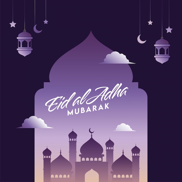 Ид аль Адха Мубарак шрифт с мечеть, висячие полумесяца, фонари и звезды, украшенные на фиолетовом фоне.