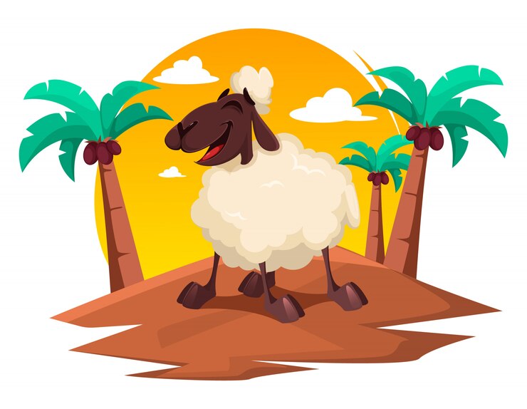 Vector eid al-adha mubarak. funny cartoon ram.