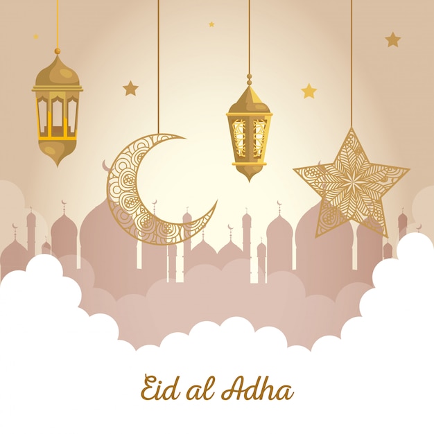 Eid al adha mubarak, gelukkig opofferingsfeest, lantaarns met maan en sterren hangen