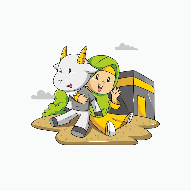 イードアルアドムバラク。女の子、ヤギ、メッカとイラスト