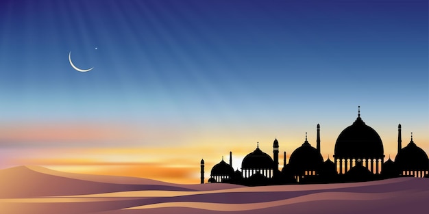 Vector eid al adha mubarak greeting card background with silhouette dome mosques