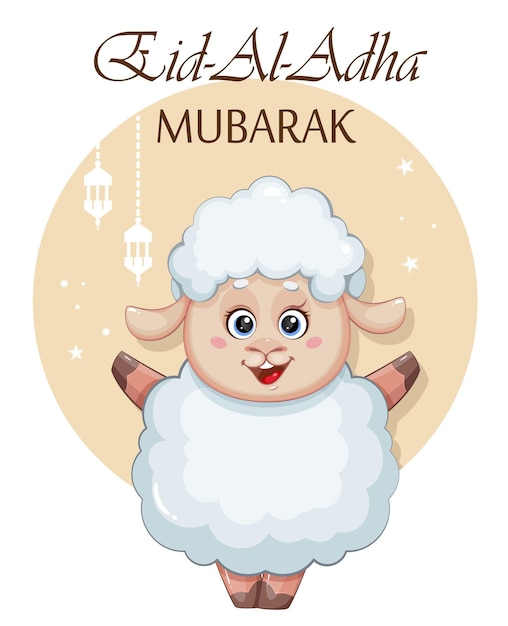 Biglietto di auguri eid al adha mubarak divertente personaggio dei cartoni animati di ariete