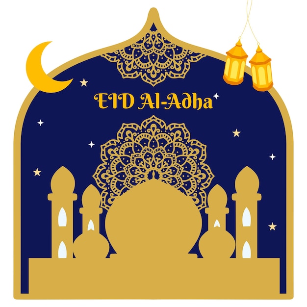 Eid al adha mubarak greeting with mandala design and mosque silhouette