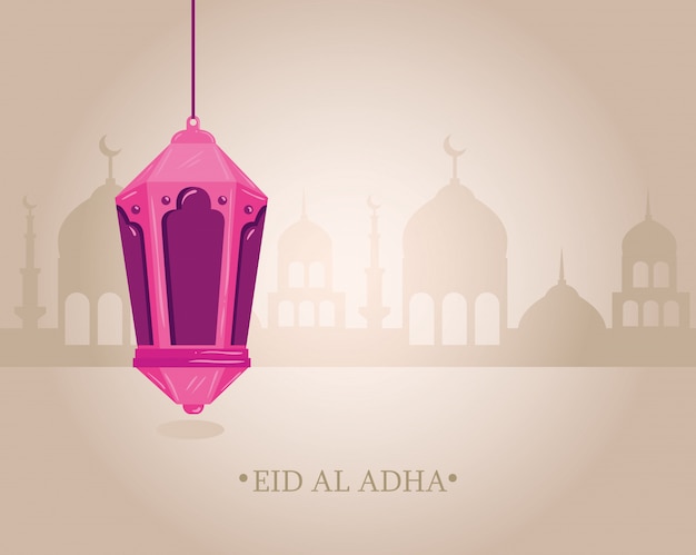 Vector eid al adha mubarak, happy sacrifice feast, with lantern hanging and silhouette arabia city