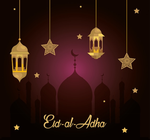 Ид аль адха мубарак, праздник счастливых жертв, с фонарями и звездами висят
