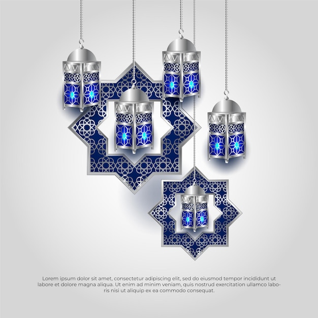 Eid al adha mubarak islamic 3d blue mandala lamp vector design