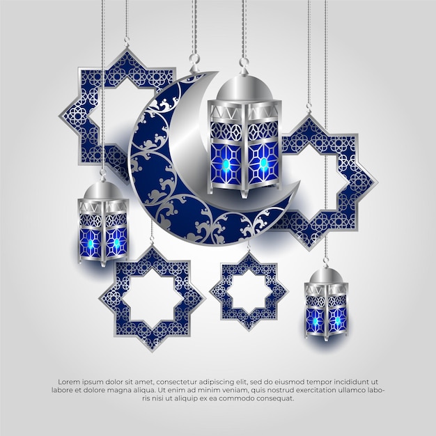 Eid al adha mubarak islamica 3d lampada luna blu e disegno vettoriale mandala