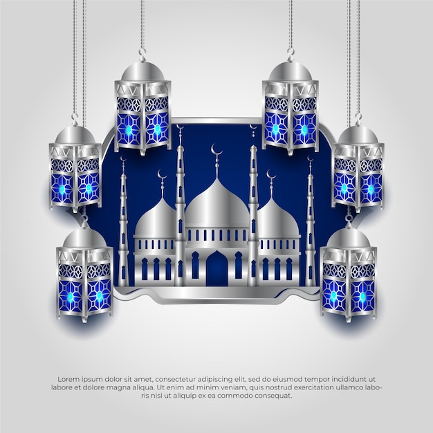 Eid Al Adha Mubarak 이슬람 3d 블루 모스크와 램프 벡터 디자인