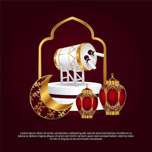 Eid al adha mubarak 이슬람 3d 황금 드럼 달과 램프 벡터 디자인