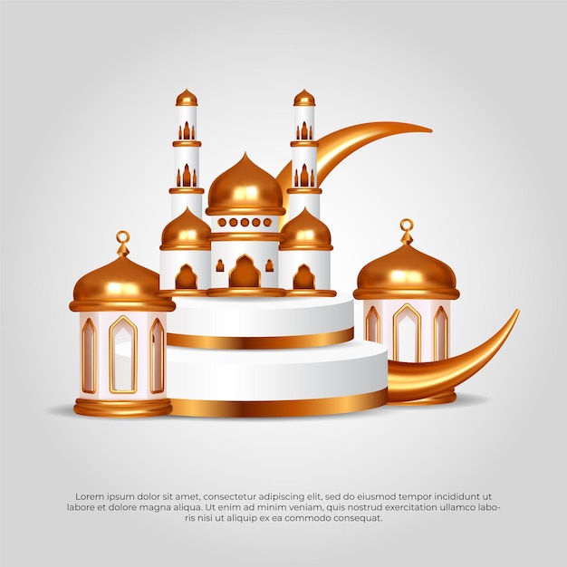 Eid al adha mubarak islamic 3d golden mosque moon and lamp vector design