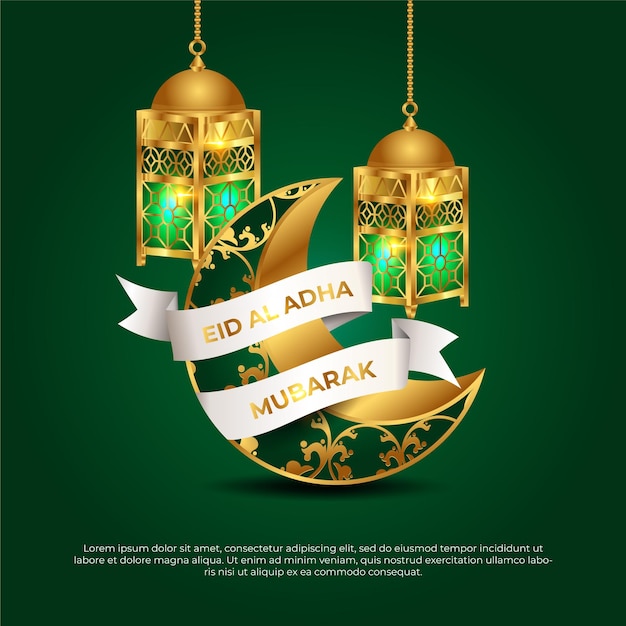 Ид аль-адха мубарак исламский 3d исламский зеленый градиент луны и векторный дизайн лампы