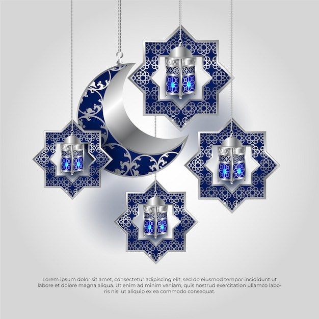 Eid al adha mubarak islamic 3d moon mandala and lamp vector design