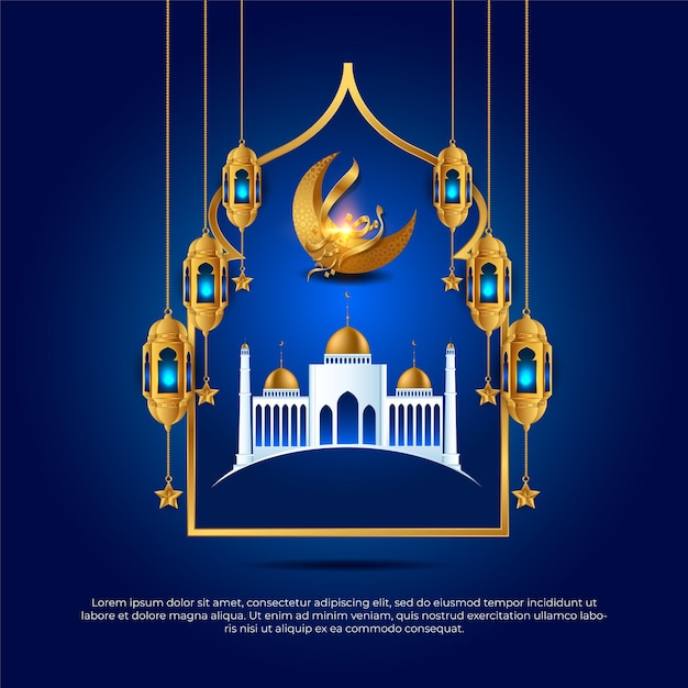 Eid al adha mubarak islamic beautiful 3d blue and golden mosque moon lamp vector background