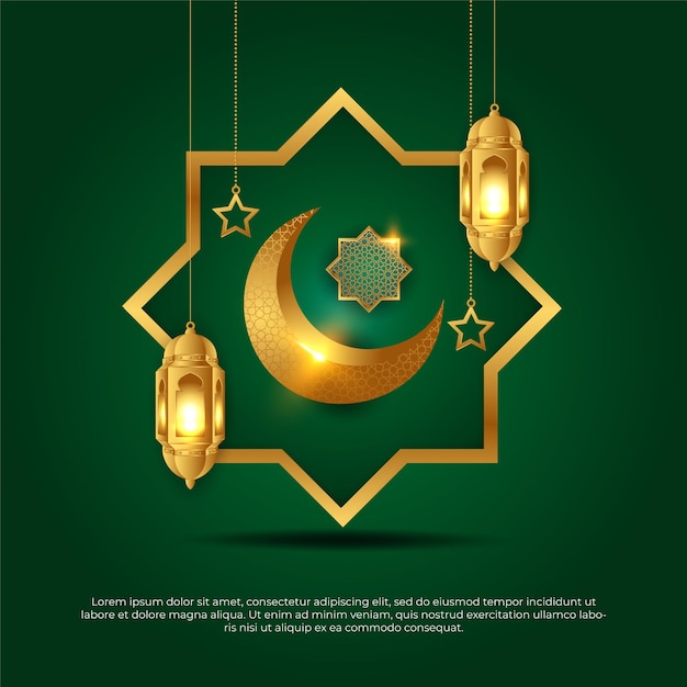 Eid al adha mubarak islamic beautiful 3d green golden star moon lamp vector background