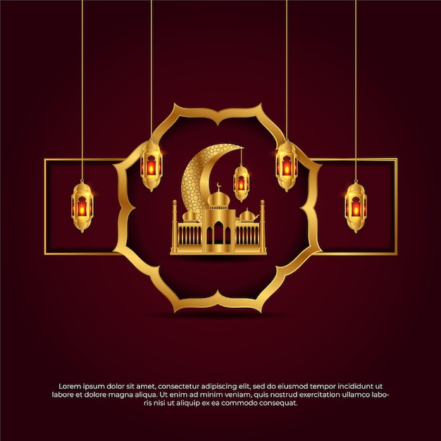 Eid al adha mubarak islamic beautiful red and golden mosque moon lamp vector background