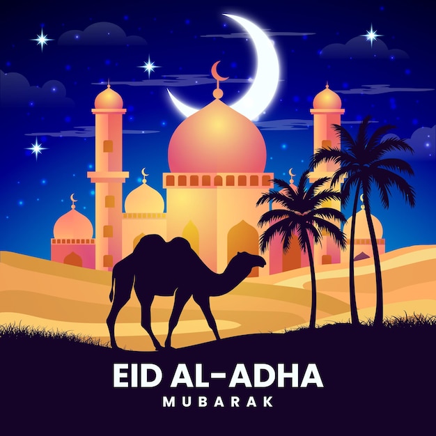Eid al adha mubarak islamic festival camels going in the desert premium vector
