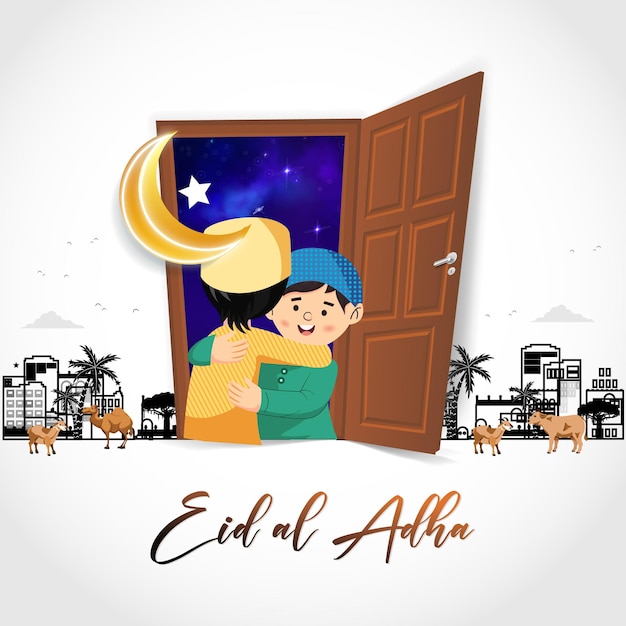 Eid al adha mubarak islamic festival celebration wishing greeting card muslim kids hugging backgound