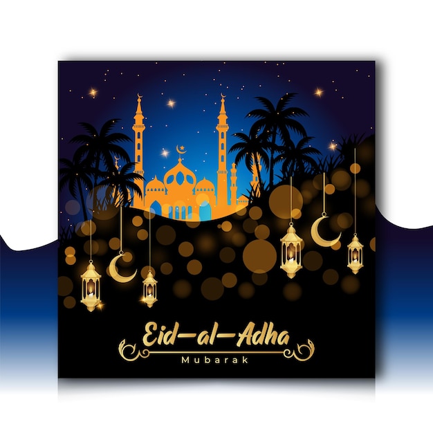 Eid al adha Mubarak Islamic festival with golden moon lanterns mosque bokeh light background