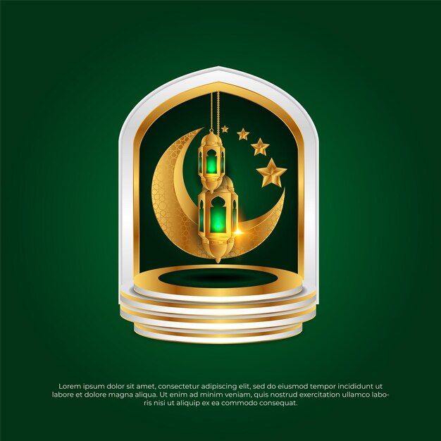 Eid al adha mubarak mooie 3d groene en gouden maan lamp ster vector achtergrond