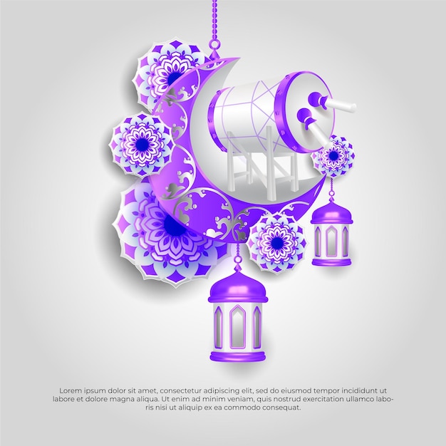 Eid al adha mubarak mooie 3d islamitische maan mandala drum en lamp ontwerp