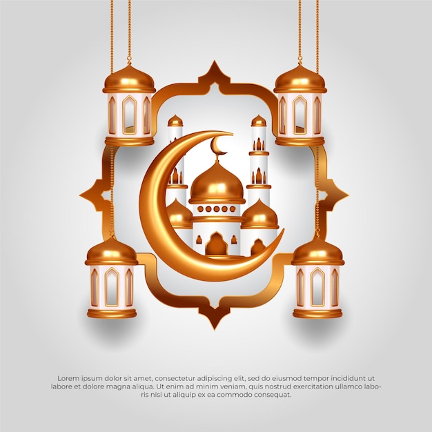 Eid al adha mubarak mooie islamitische gouden 3d moskee maan en lamp vector design