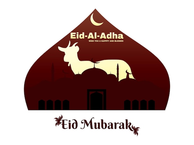 Vector eid al adha mubarak-ontwerp met ornamenten moskee kameel koe geit en schapen premium vector ontwerp