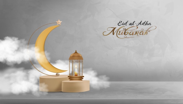 Eid al adha mubarak ontwerp met wassende maan en ster hangend op podium