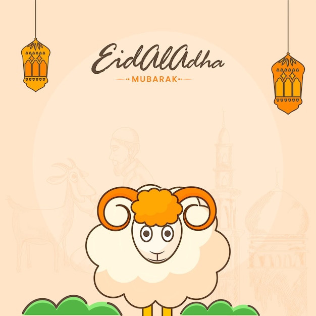 Eid-Al-Adha Mubarak-posterontwerp met hangende cartoonschapen en lantaarns