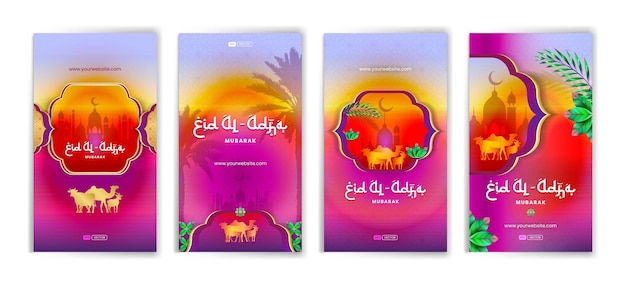 Eid al adha mubarak 소셜 미디어 스토리 디자인 컬렉션 활기찬 보라색 배경