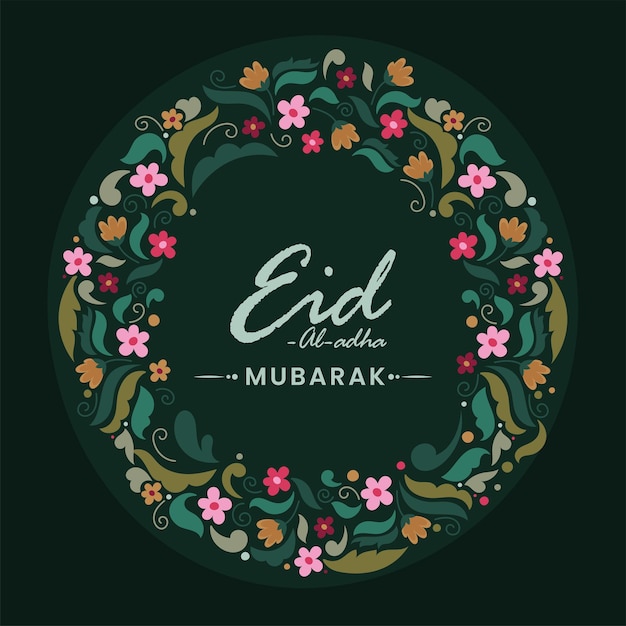 Eid-Al-Adha Mubarak Tekst Op Groene Bloemen Krans Achtergrond.