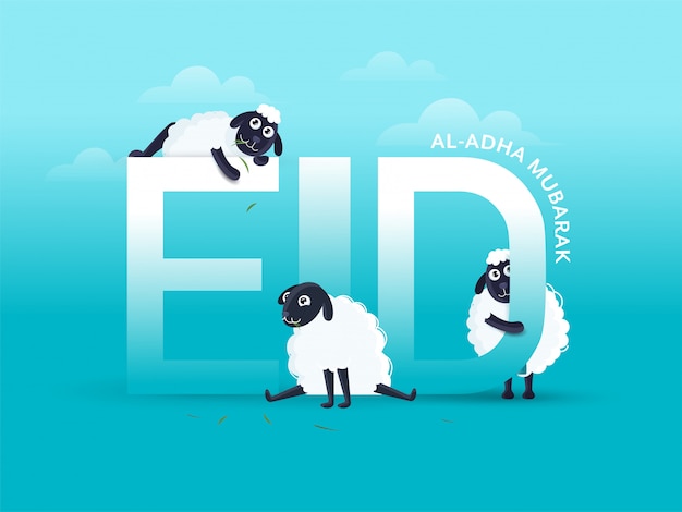 Vector eid-al-adha mubarak text with three cartoon funny sheep on sky blue background.