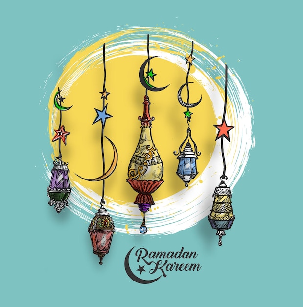 Vector eid al adha mubarak with ramadan kareem text sketch vector illustration